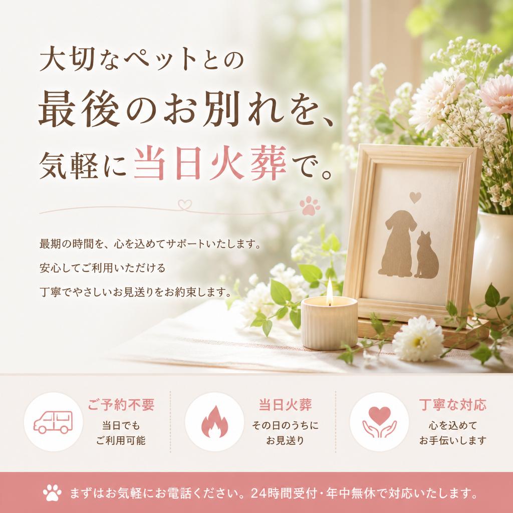 大切なペットとの最後のお別れを、気軽に当日火葬で。