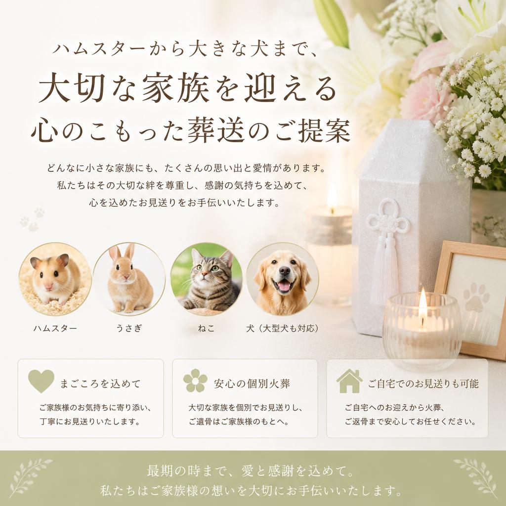 ハムスターから大きな犬まで、大切な家族を迎える心のこもった葬送のご提案